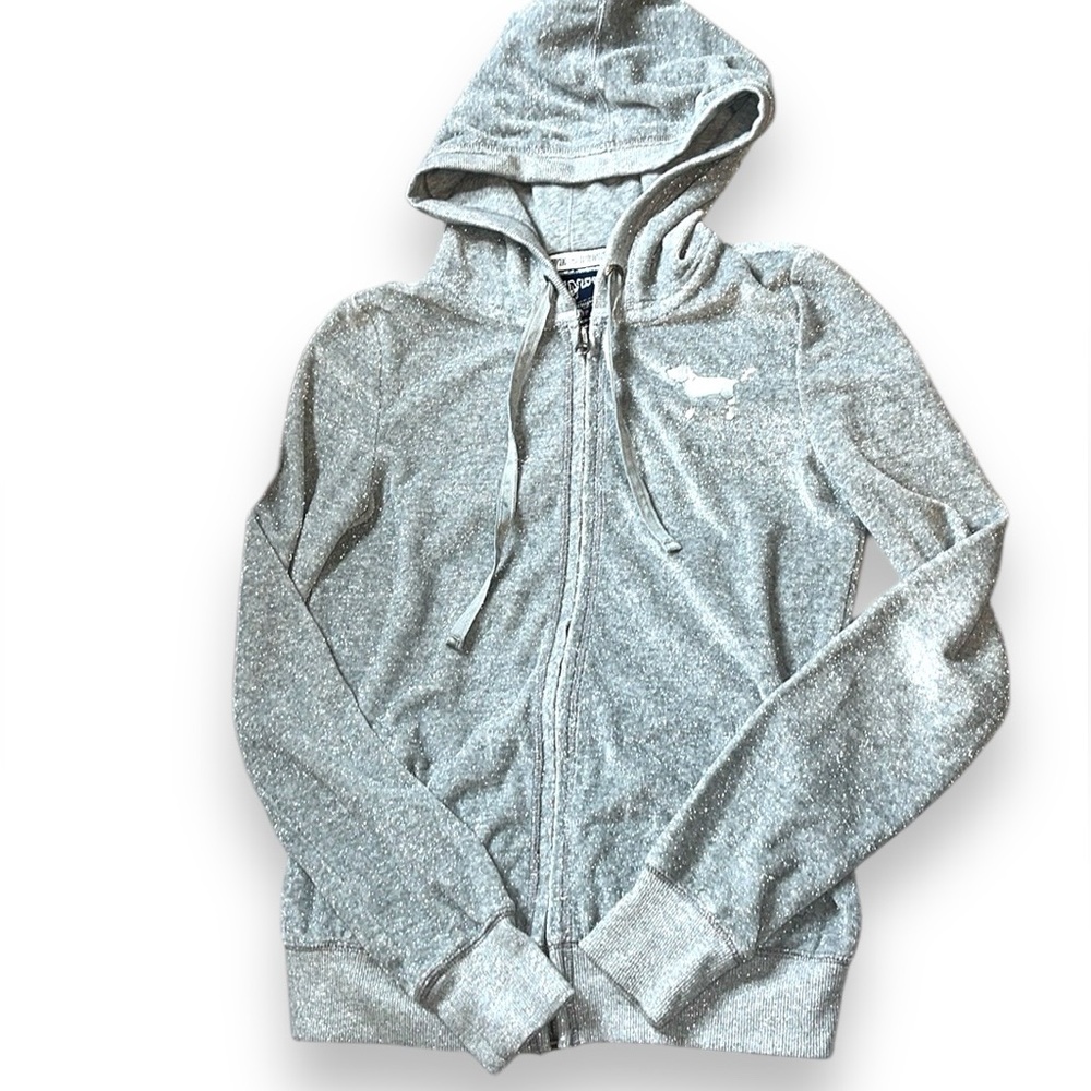 Y2K Victoria's Secret PINK Gray Velour Zip Hoodie Sequin Heart Back Size XS